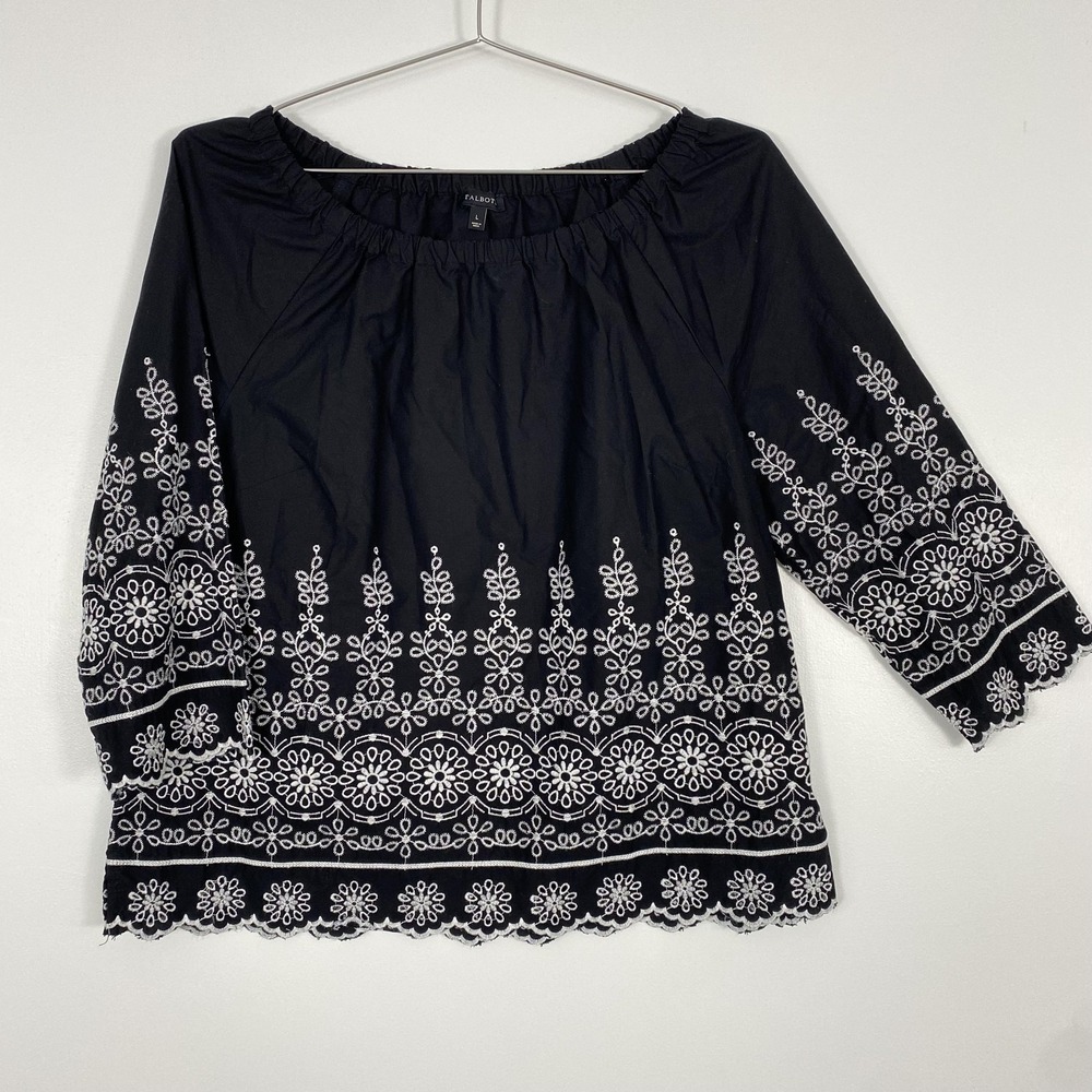 Talbots Shirt Womens Large Black Embroidered Off Shoulder‎ 3/4 Sleeve Boho Top